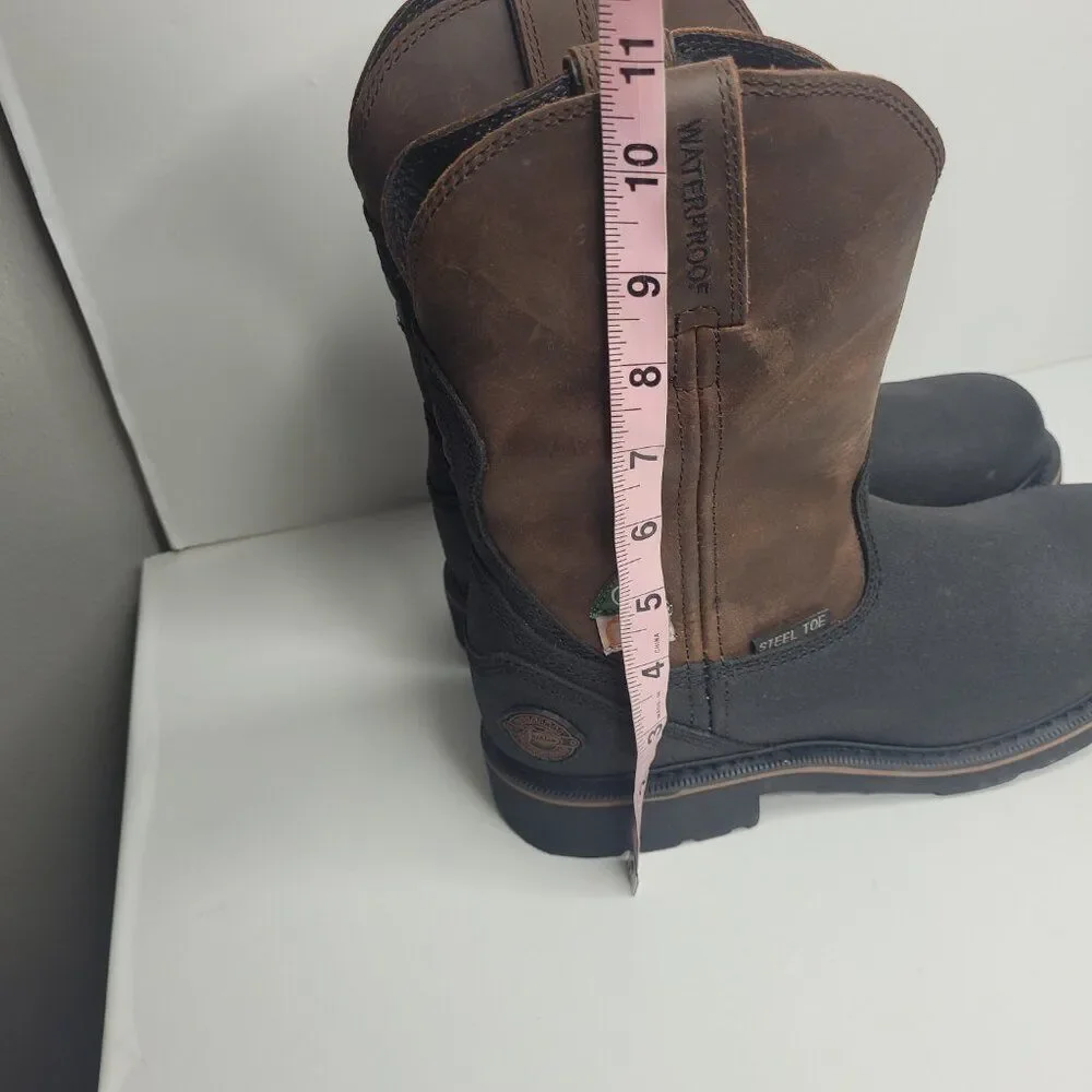 Justin boots black brown steel toe waterproof pull on work boots size 7EE NWT